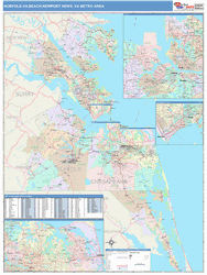 Norfolk-Va. Beach-Newport News Metro Area Wall Map Color Cast Style 2025